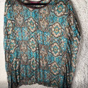 WOMEN'S BROWN, TAN AND TURQUIOSE SHEER PASLEY SHIRT. USED EXCELLENT CONDITION S.